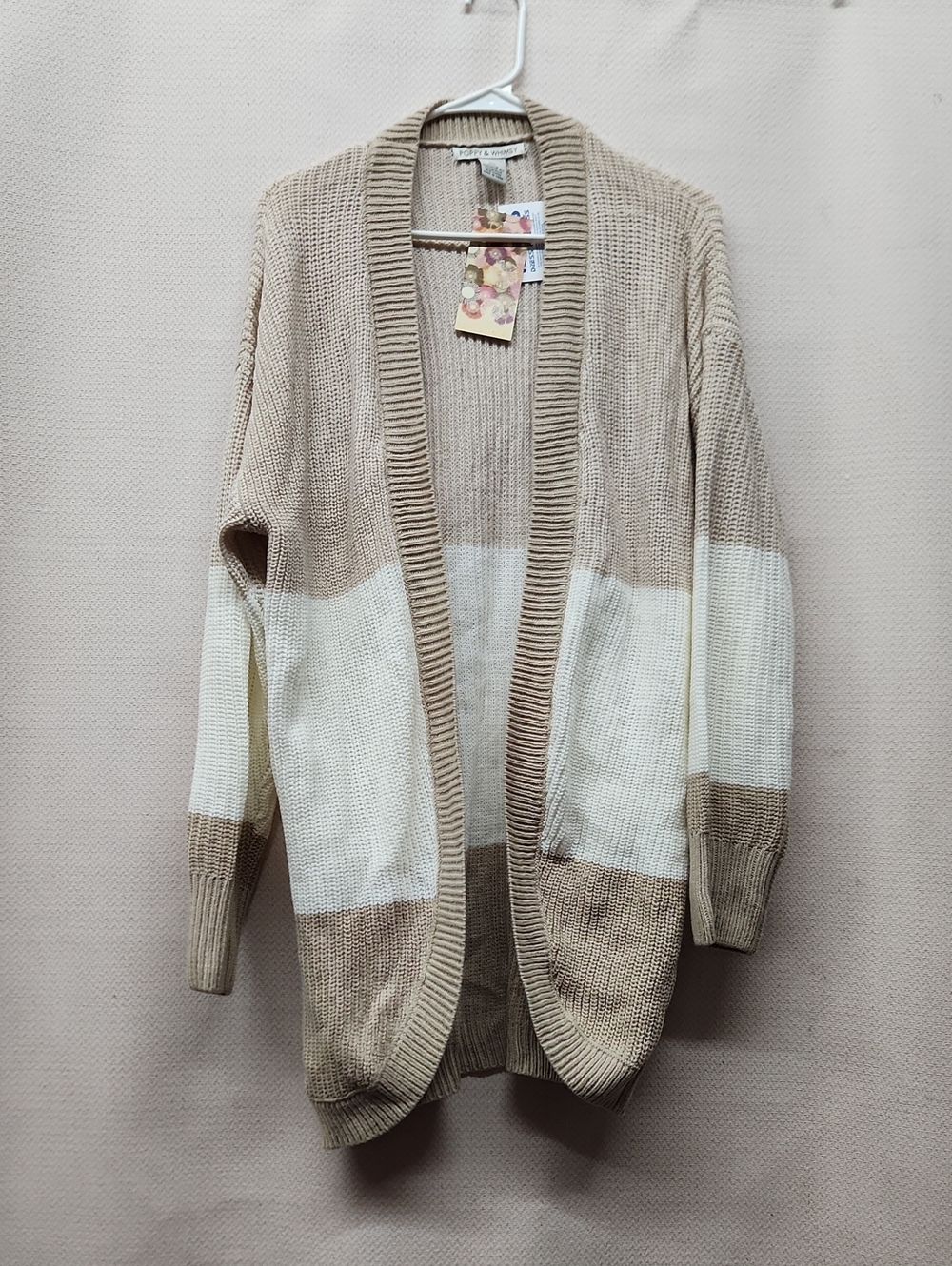 Open-Front Beige & Cream Colorblock Knit Cardigan
